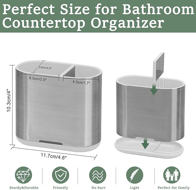 Toothbrush and Toothpaste Holder with Divider for Bathroom Countertop Organizer, 2 Slots Electric Toothbrush Holders Storage Caddy Drainage for Family, Kids (Brushed Silver)