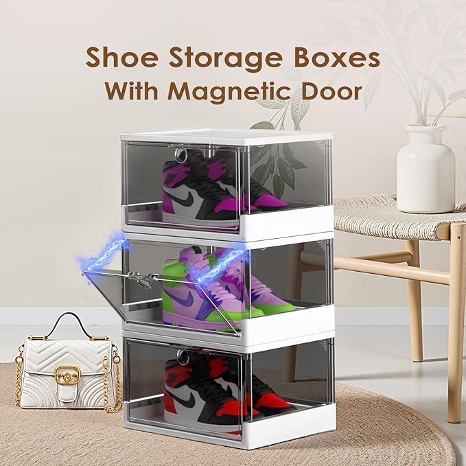 Clear Stackable Shoe Boxes with Magnetic Door, 3 Pack Thick Plastic Shoe Organizer for Closet, Dustproof Storage, Fits up to US Size 13