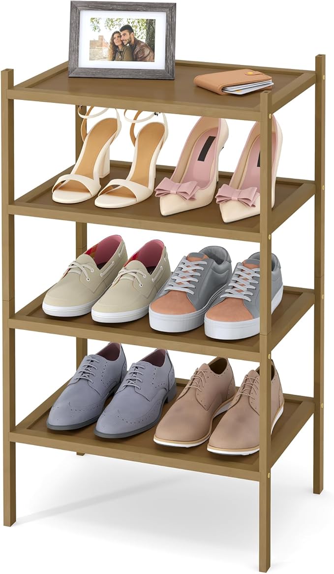 Smiry Bamboo Small Shoe Rack, 4 Tier Shoe Organizer for Entryway & Closet, Stackable Free Standing Storage Shelf for Shoes, Bags & Plants, Walnut