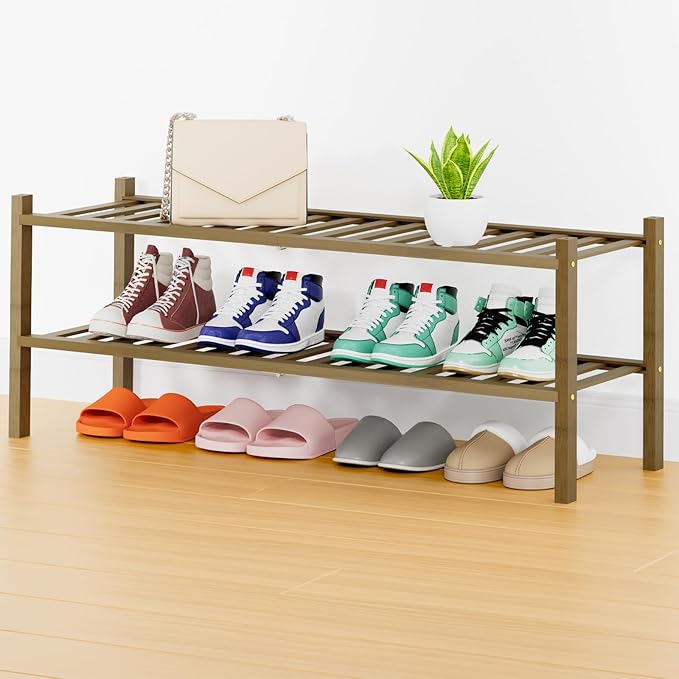 Smiry Long Bamboo Shoe Rack, 2 Tier Free Standing Wooden Shoe Organizer, Stackable Wood Shoe Storage Shelf for Closet, Entryway, 14 Vertical Slats, One-piece Heavy-Duty Legs, 33.7"x11"x13", Walnut