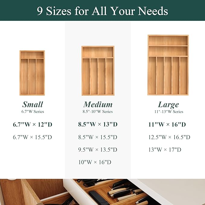 Silverware Organizer, Bamboo Kitchen Drawer Organizer, Utensil Holder, Cutlery Tray & Spoon Flatware Storage with Grooved Drawer Dividers (8.5''W x 13''D)