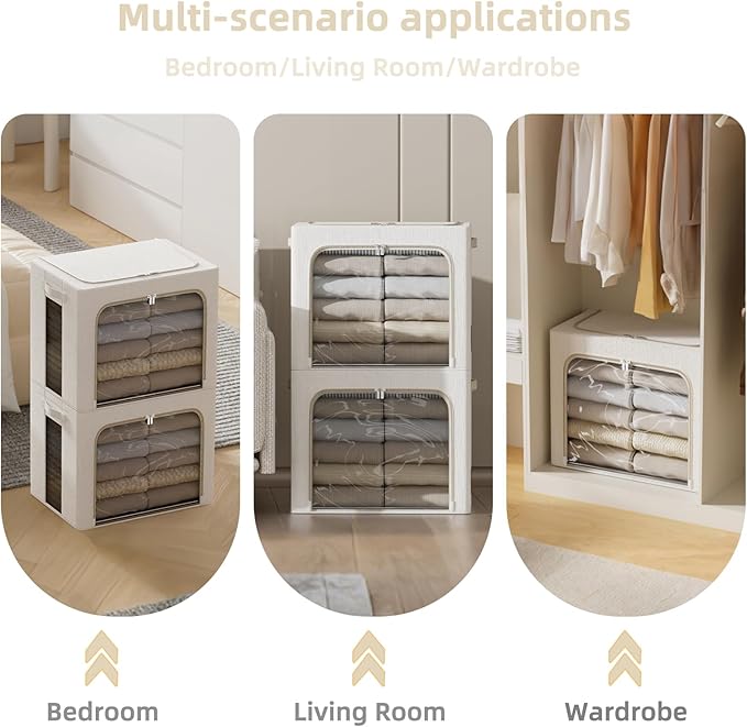 FHSQX 2 Pack Clear Window Storage Bins - Large Stackable Linen Fabric Storage for Clothes Foldable Container Organizer Set with Carrying Handles (Lvory White, 15.7x 11.8x 9.8Inch)