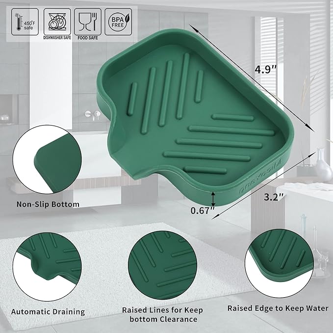 MicoYang Silicone Soap Dish with Drain Spout — Self-Draining Sink Organizer Tray for Bathroom & Kitchen, Holds Bar Soap, Sponges & Dispensers, Non-Slip & Dishwasher Safe, Green (Small, 4.9"×3.2")