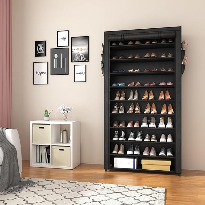 ROJASOP 10 Tier Shoe Rack with Covers,Large Capacity Stackable Tall Shoe Shelf Storage to 50-55 Pairs Shoes and Boots Sturdy Metal Free Standing Shoe Rack Organizer for Closet Entryway Garage
