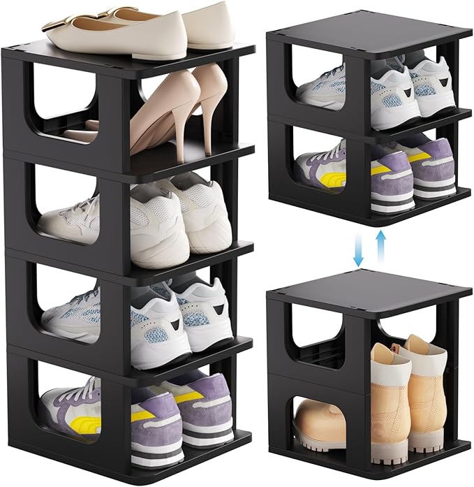 HAIXIN Shoe Organizer Rack for Small Spaces 5 Tier Plastic Vertical Narrow Shelves for Closet Black Shoe Holder, Stand for Entryway Storage Boots Organizer Stackable Cabinet