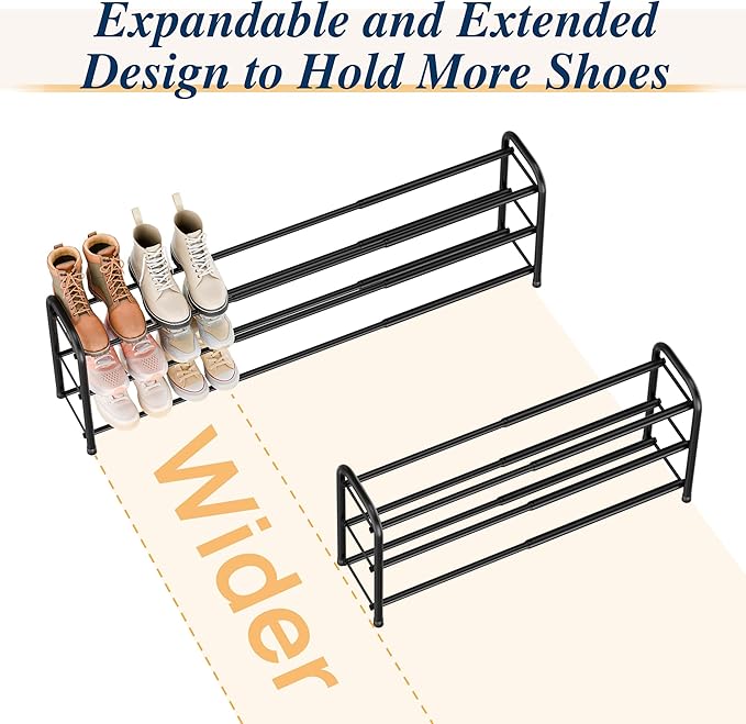 ENJOYBASICS 3 Tier Expandable Shoe Rack for Closet, Free Standing Metal Shoe Shelf Storage Organizer Holder 18 Pairs, Adjustable Width Shoe Rack for Entryway Small Space, Black