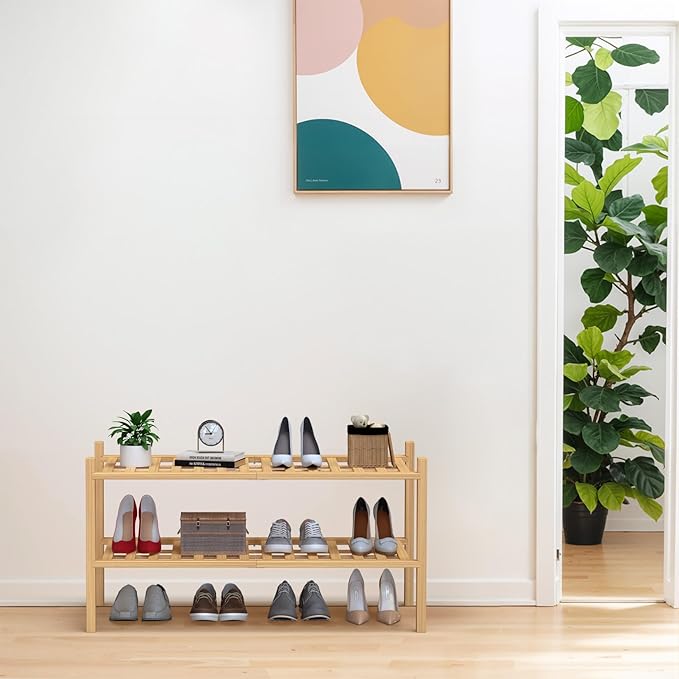 Haddockway Large 2 Tier Bamboo Shoe Rack Storage Organizer, Multifunctional Free Standing Stackable Shoe Shelf with Grid Panel for Closet,Hallway,Entryway,Small Space 27"x12"x14"