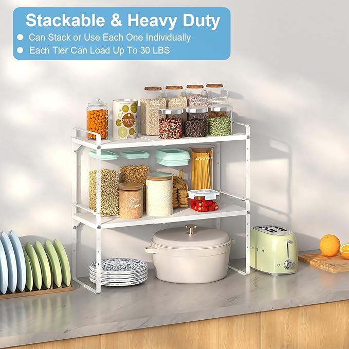 15.5 to 25.5 Inch Kitchen Cabinet Shelf Organizers, Adjustable Kitchen Counter Shelf Organizer, Set of 4 Expandable Countertop Storage Shelves, Stackable Design, 30LBS Heavy Duty, Space Saver