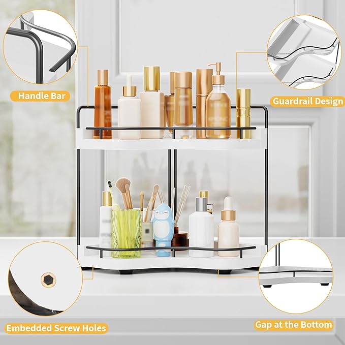 2-Tier Corner Bathroom Counter Organizers, Stable Wood Vanity Shelf for Perfume, Skincare & Makeup, Larger Size Countertop Organizer and Storage for Bathroom, Kitchen and Dresser(White)