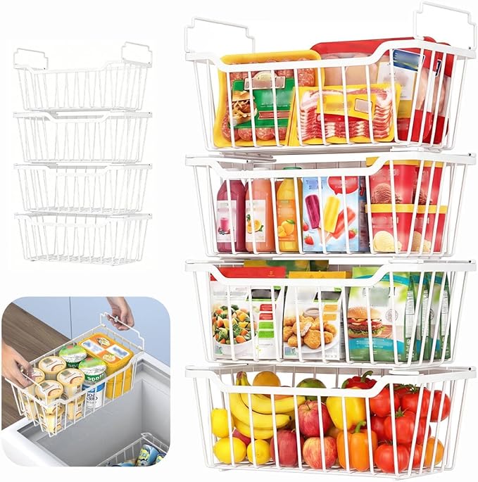 Goovilla Freezer Organizer Bins with Foldable Handle, 8 Pack Stackable Freezer Baskets for 3.5-7 Cu.FT Deep Chest Freezer Organization, White Metal Freezer Storage Bins with Better Space Utilization