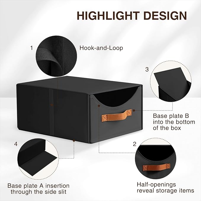 Homsorout Stackable Storage Drawers - Collapsible Storage Bins with Drawers, 6 Pack Closet Shelf Organizer Basket, Fabric Pull Out Organizer for Bedroom, Living Room, Dorm, Black