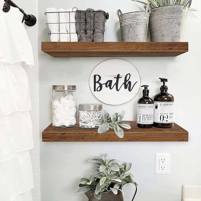 QEEIG Floating Shelves for Wall 23.6" Long - Wall Mounted Shelf Bathroom Kitchen Living Room Bedroom Farmhouse Home Decor Display Bookshelf Set of 2, Rustic Brown (008-60BN)