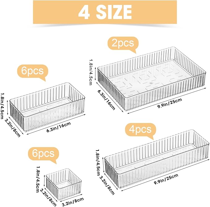 Teenyyou 18 Pcs Drawer Organizer Stackable 4 Size Makeup Drawer Organizer Trays Acrylic Bathroom Vanity Storage Bins for Cosmetic, Jewelries, Office Supply, Kitchen Utensils(Clear,Stripes)
