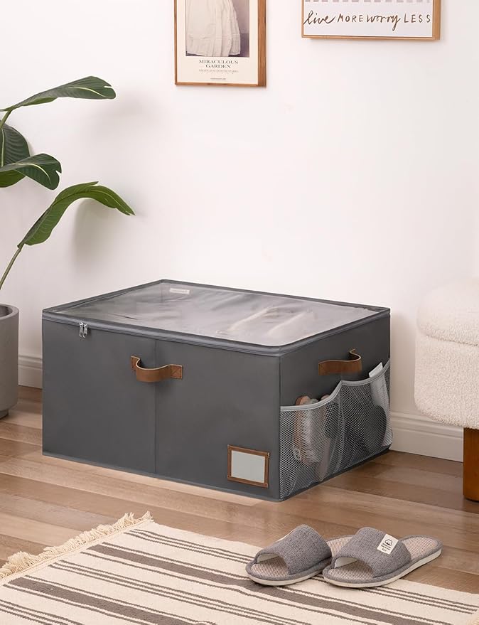 StorageWorks Shoe Organizer for Closet, Shoe Storage Containers for Entryway, Fabric Shoe Storage Organizer for Slippers and Flats, Shoe Storage Bins with Side Mesh Pocket, Fits up to 20 Pairs, Grey