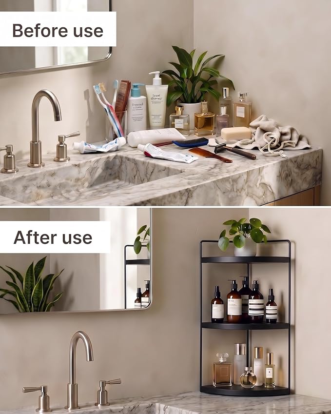 3-Tier Corner Bathroom Countertop Organizer, Solid Pine Wood Vanity Corner Shelf for Skincare & Makeup, Waterproof Standing Rack for Bathroom, Vanity, Kitchen & Dresser, Large 15.7"H, Black