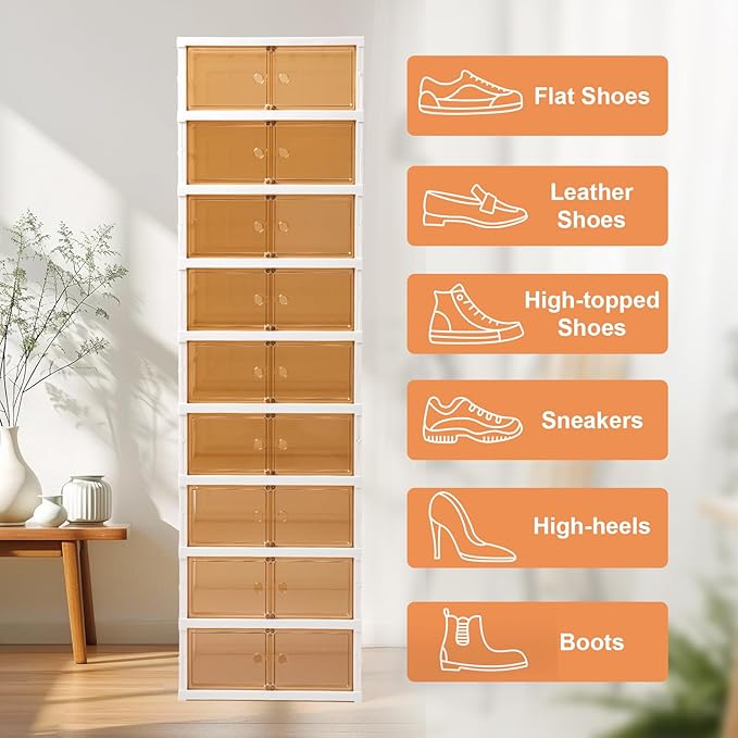 Foldable Shoe Rack Organizer Collapsible Shoe Storage Organizer with Doors, Large Plastic Folding Shoe Rack, Clear Stackable Shoe Boxes Easy Assembly Shoe Cabinet for Entryway (9 Tiers-18 Pairs)