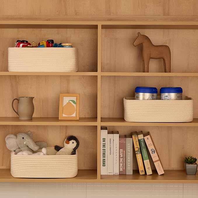 MiniArk Large Shallow Organizing Baskets 15x11x5.1 Inches - Rope Woven Storage Bins for Bathroom, Shelves, Cube Closet, Beige 3 Packs
