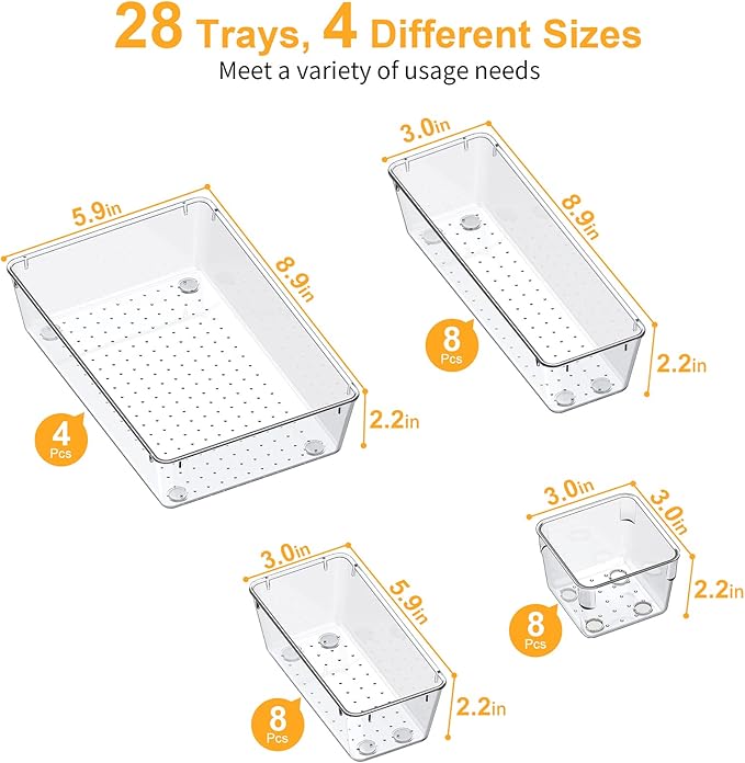 28 Piece Drawer Organizers with Non-Slip Silicone Pads