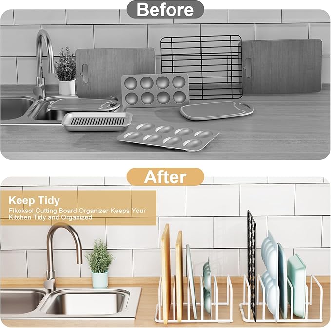 Fikoksol Cutting Board Organizer and Baking Sheet Rack, [1-Pack] White Heavy Duty Metal Cookie Sheet Organizer for Cutting Board Storage & Plate Holder for Cabinet, Tray Dividers for Cabinets