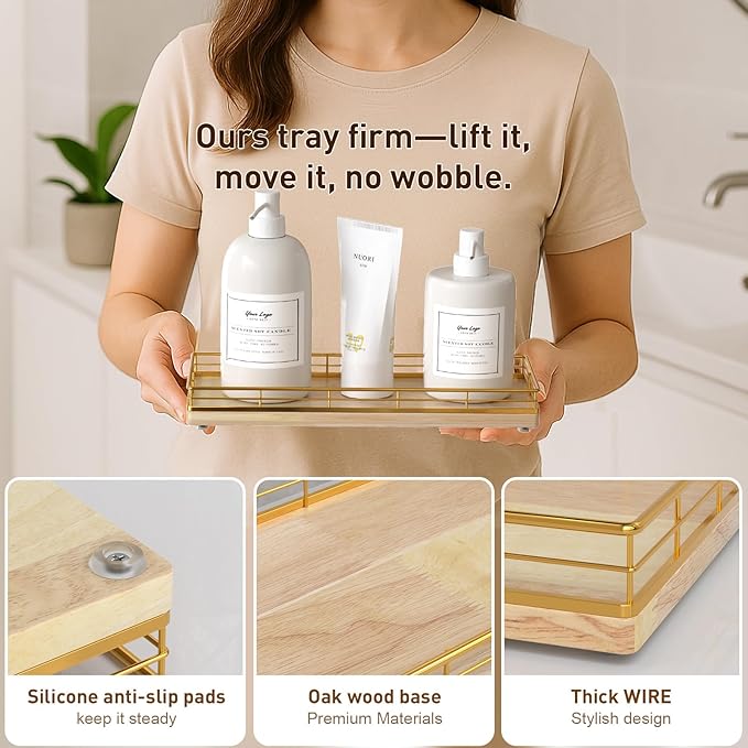 Bathroom Tray for Counter Top Organizer, Gold & Oak Decorative Storage