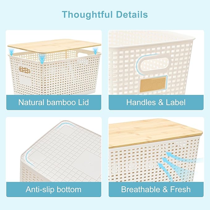 2 Pack Tall Plastic Storage Bins with Bamboo Lids, Cream White