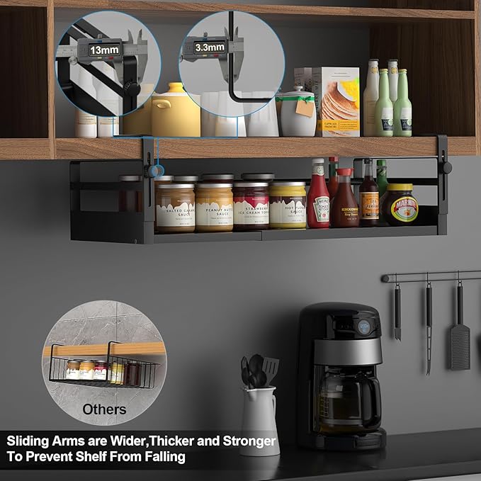 AmonHouseware 2Pack Under Shelf Basket Organizer, Adjustable Under Cabinet Shelf Storage, Hanging Holder Length Stretchable 13-21Inch for Kitchen Pantry Desk Counter Bookshelf Cupboard (Black)