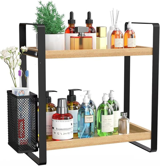 2-Tier Wood Bathroom Counter Organizer with Basket