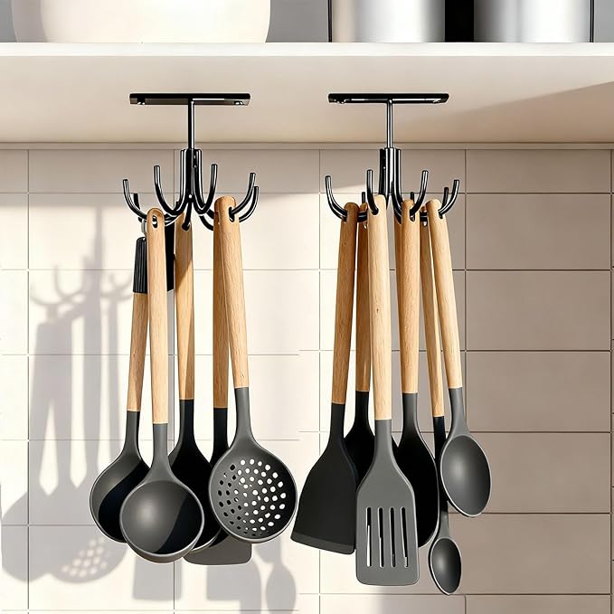 Metal Under Cabinet Kitchen Utensil Hooks,360° Rotating Kitchen Utensil Rack with 8 Hooks,Drilling Free Adhesive Utensils Hanging Rack for Tools/Towel/Knife (Black)
