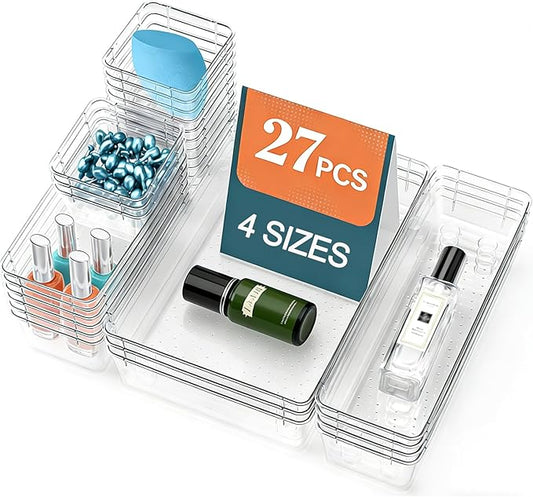 27 Pack Clear Plastic Drawer Organizer Set