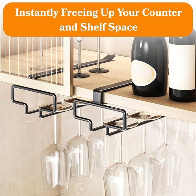 LINFIDITE Wine Glass Holder 2PCS Stemware Rack Hanger Under Cabinet Wine Glass Rack Kitchen Hanging Storage Rack Organizer,Black (For Partition Thickness under 1.18")