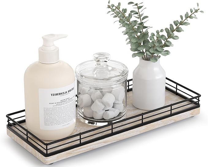 Bathroom Tray for Counter Top Organizer – Ash Wood Vanity Tray with Metal Frame for Dresser, Kitchen, Nightstand – Black & Whitewashed Decorative Storage