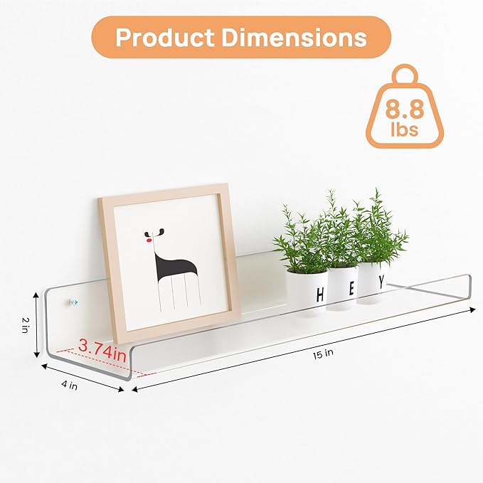 6 Pack Acrylic Shelves for Wall Storage, 15" x 4“ Floating Bookshelves for Kids