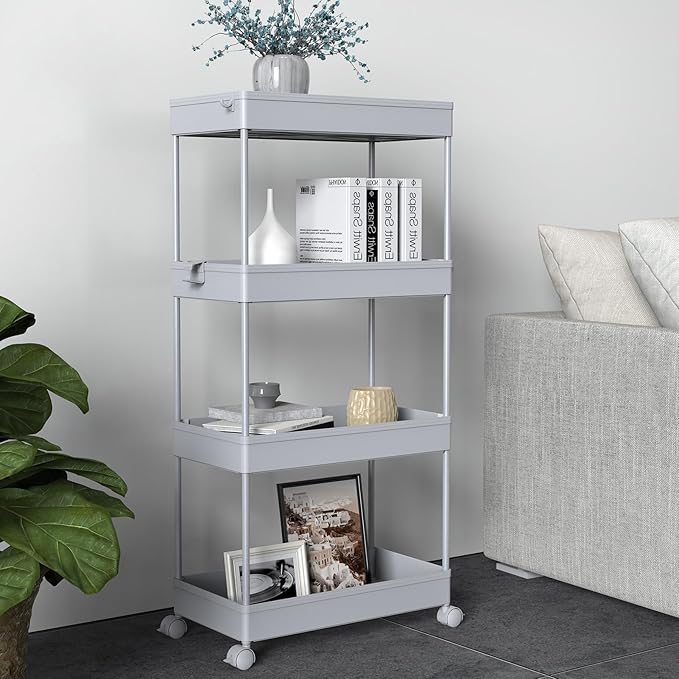SPACELEAD 4 Tier Rolling Cart with Wheels, Storage Craft Art Trolley Organizer Serving, 3 Hanging Baskets Easy Assembly, for Office, Living Room, Kitchen