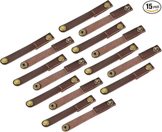 MECCANIXITY Pack of 15 Leather Cable Straps Cord Organizer 90x12mm Portable Cable Leather Clips Brown Earphone Cord Management for Cable, Wire