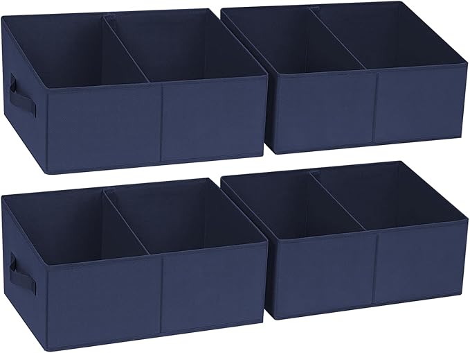 Large Closet Shelf Organizer Bins 4 Packs with Handles and Divider, Navy Blue