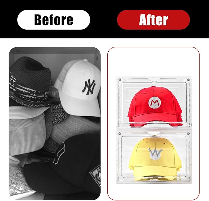4 Pack Clear Hat Storage Box, Stackable with Magnetic Door, Holds 8 Hats Each