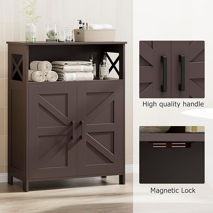 Homhedy Farmhouse Bathroom Storage Cabinet with 2 Doors, Toilet Paper Cabinet with Adjustable Shelf, Small Bathroom Cabinet for Kitchen/Laundry/Living Room, 11.8 x 23.6 x 31.5 Inches, Brown