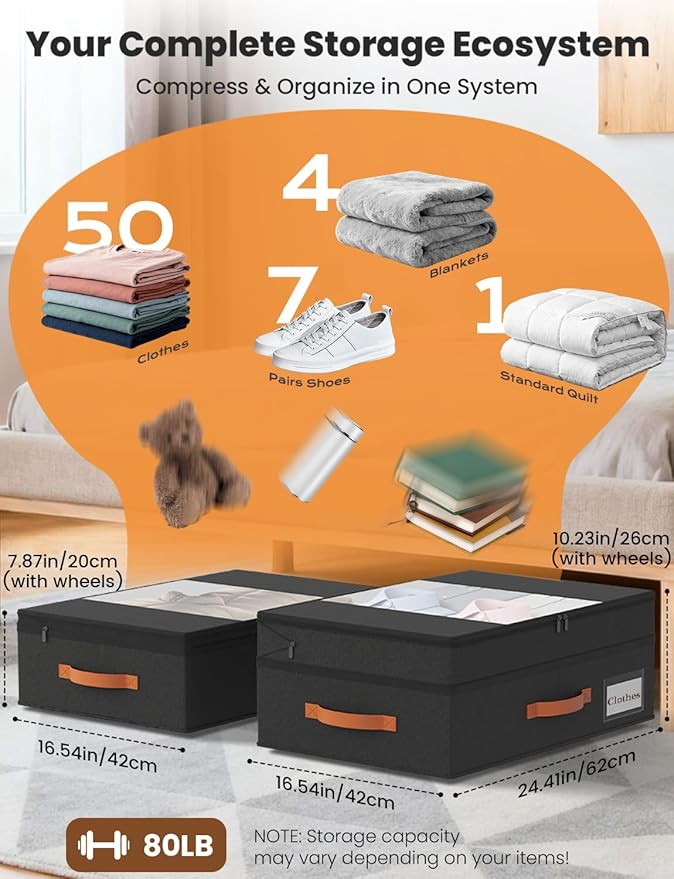 TOSKING 2-Pack Under Bed Storage Drawers with Wheels, 6 Vacuum Bags, Adjustable Height 7.9-10.2", 63L/80 lbs Clear Lid Rolling Bin, 900D Oxford, Space Saver for Dorm Bedroom Clothes Shoes, Black