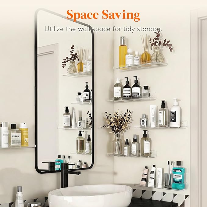 Lifewit Floating Shelves for Bathroom, Acrylic Display Shelf Wall Mounted for Makeup, Skincare, Nail Polish, Book, 14" Perfume Organizer for Bedroom, Living Room, Nursery, Home Decor, Clear, 4 Pack