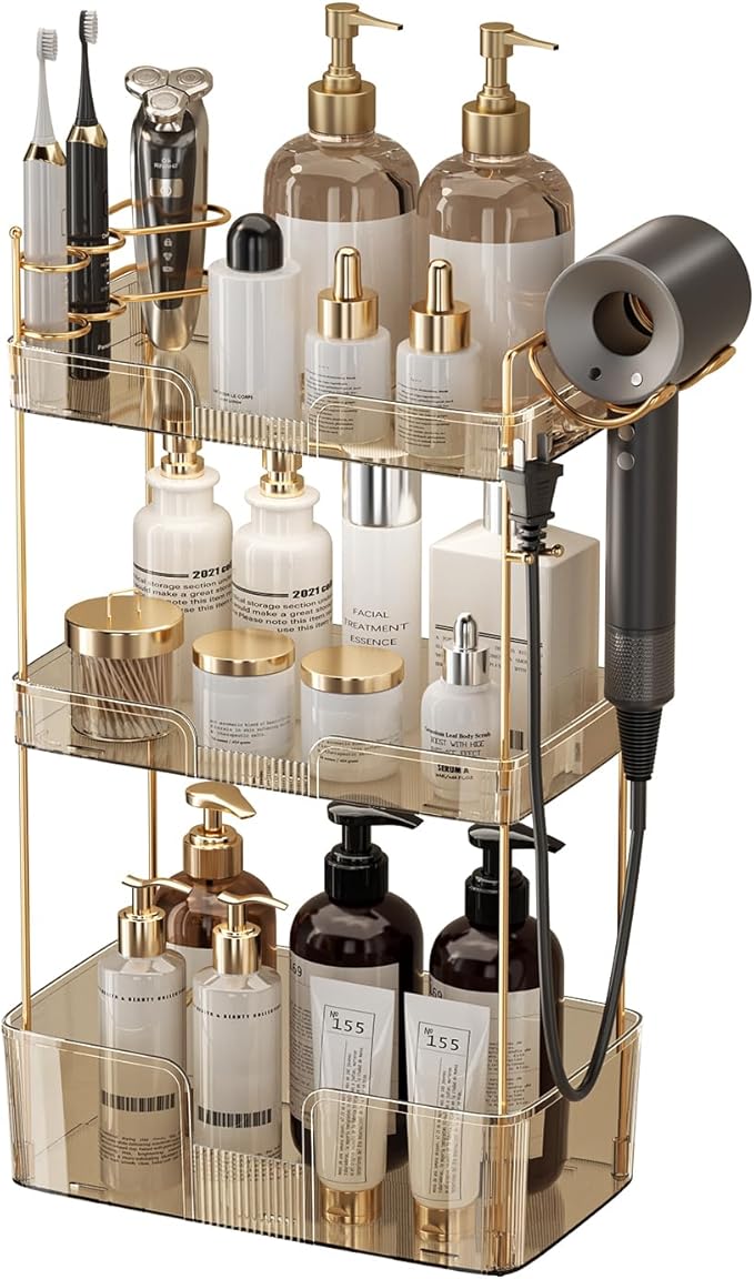 YCIA&DONE Luxury Bathroom Counter Organizer, Large Makeup Organizer Countertop, Shelf Organizer, Vanity Tray, Easily Assemble for Bathroom Organizers and Storage, Undersink, Cabinet,3 Tiers Amber