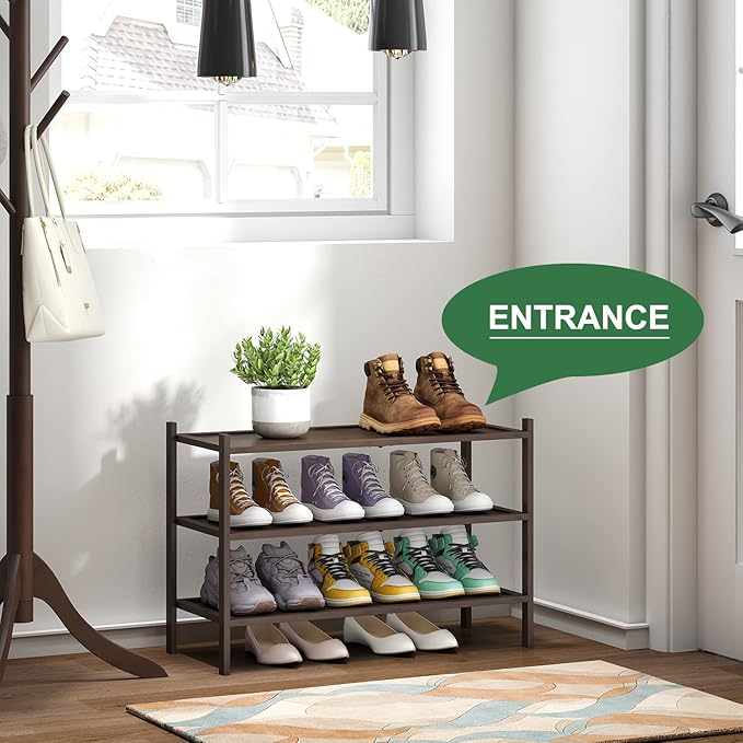 Bamboo Shoe Rack for Entryway, 3-Tier Stackable, Foldable, Natural