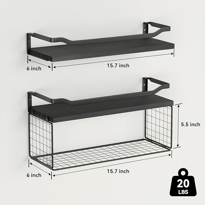 Floating Shelves with Wire Storage Basket, Toilet Paper-Black