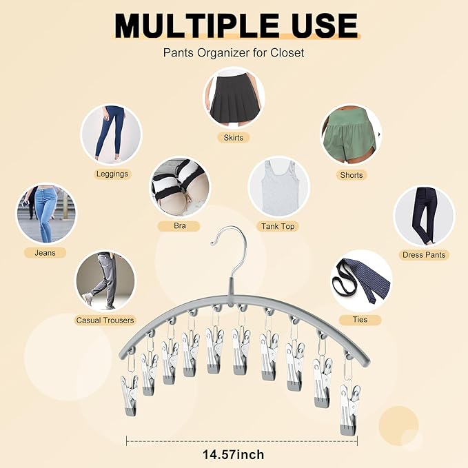 Volnamal Legging Organizer for Closet, Metal Yoga Pants Hanger w/Rubber Coated 1 Pack w/10 Clips Hold 10 Leggings, Hangers Space Saving Hanging Closet Organizer for Closet Organizers and Storage-Gray