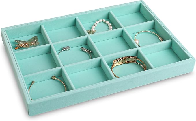 Frebeauty Stackable Velvet Jewelry Organizer Trays for Drawers Inserts Jewelry Storage Tray Display Case, Stud Earrings Bracelets Necklace Rings Accessories Trays for Women(Set of 2)(Turquoise)