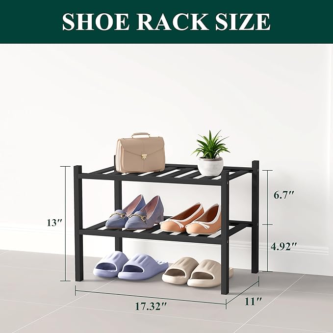 Smiry Bamboo Shoe Rack for Closet, 2 Tier Small Wooden Shoe Organizer, Stackable Wood Shoe Storage Shelf for Entryway, 14 Vertical Slats, One-piece Heavy-Duty Legs, 17.32"x11.02"x12.99", Black