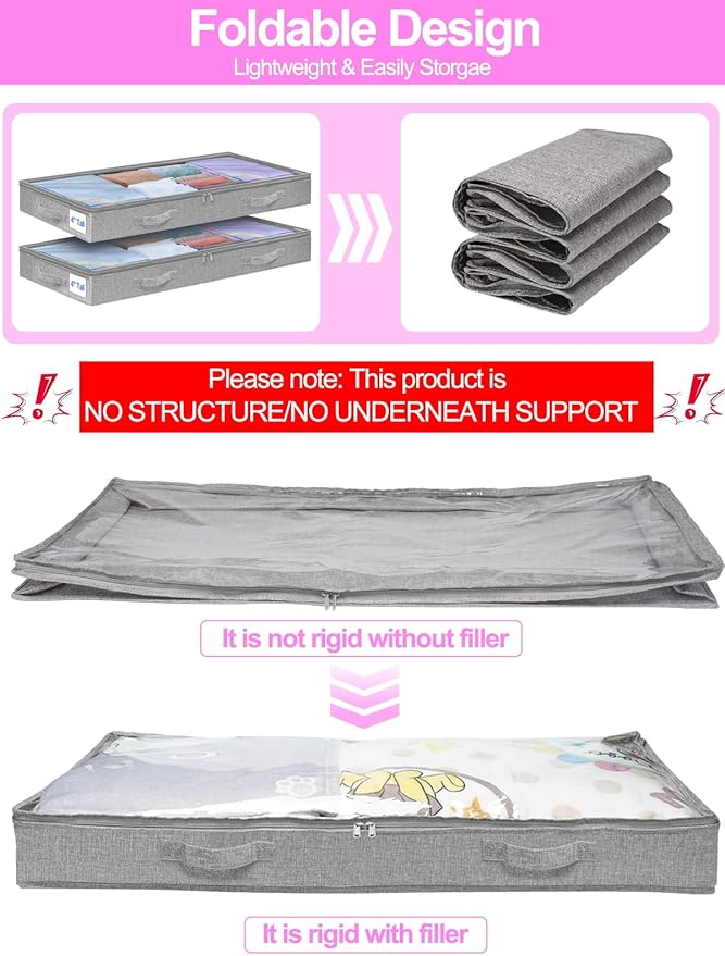 punemi 4 inches Under Bed Storage Containers, Low Profile Underbed Storage, NO STRUCTURE, Soft Foldable Underbed Cloth Storage Bags, Zipper Blanket Storage Container, 2Pack, Grey, 20x40x3.7in