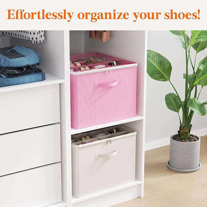 Lifewit 4 Pack Shoe Storage Organizer for Closet, Large Shoe Box Storage Containers with Clear Cover, Foldable Storage Bins Fit for Boots Fits 48-64 Pairs (Each 12-16 Pairs) Pink