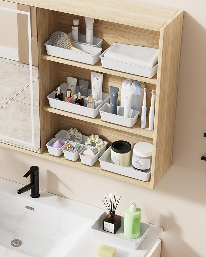 25 PCS Plastic Drawer Organizers Set, 4-Sizes Vanity and Makeup Organizer, White