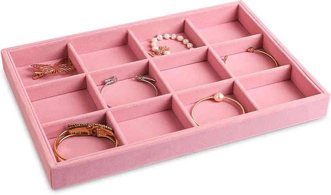 Frebeauty Stackable Velvet Jewelry Organizer Trays for Drawers Inserts Jewelry Storage Tray Display Case, Stud Earrings Bracelets Necklace Rings Accessories Trays for Women(Set of 4)(Pink)