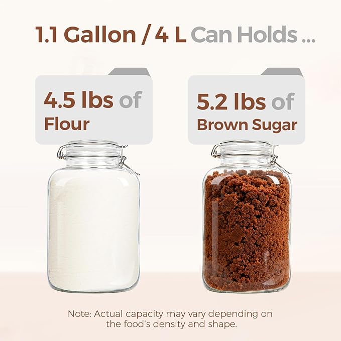 ComSaf 1.1 Gallon (4L) Square Glass Jars 2-Pack - Large Airtight Food Storage Canisters with Clamp Lids for Bulk Flour, Rice, Sugar, Coffee Beans, Fermentation, Pickling, Farmhouse Pantry Organization